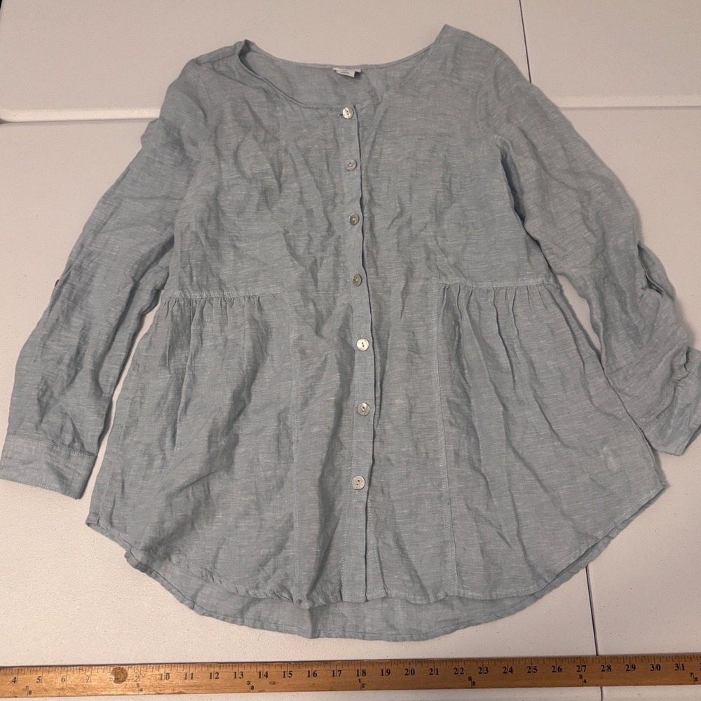 Sigrid Olsen Light Blue Button-Front Peplum Linen Blouse - Picture 2 of 7